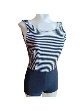 sz 12 True Vintage Swimsuit Black White Striped Womens Low Back Built-In Padding